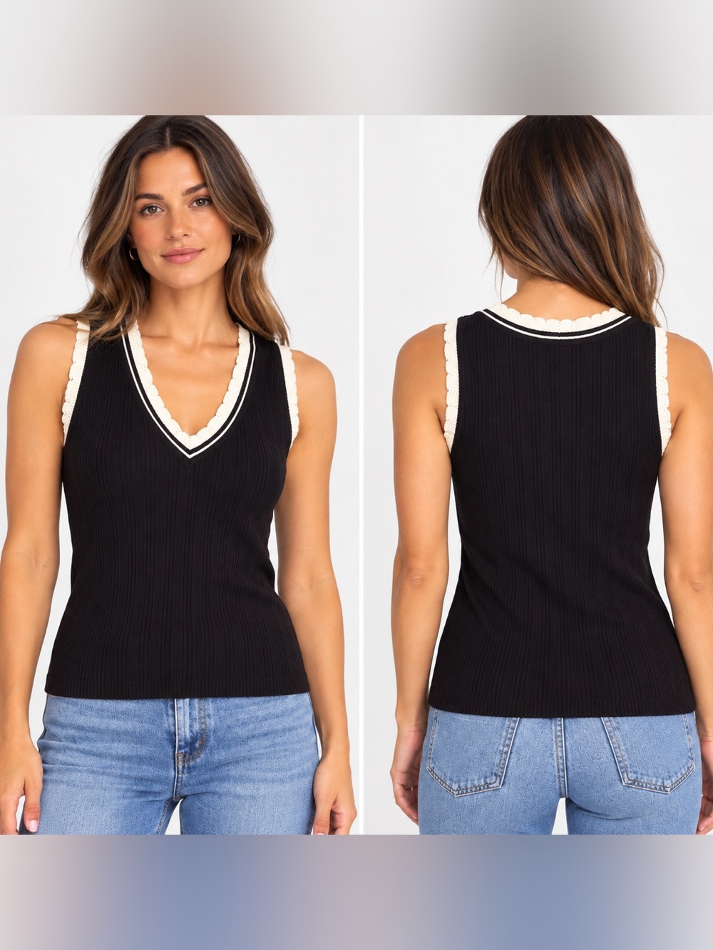 Karl Lagerfeld Paris Black Ribbed V-Neck Tank with Cream Trim
